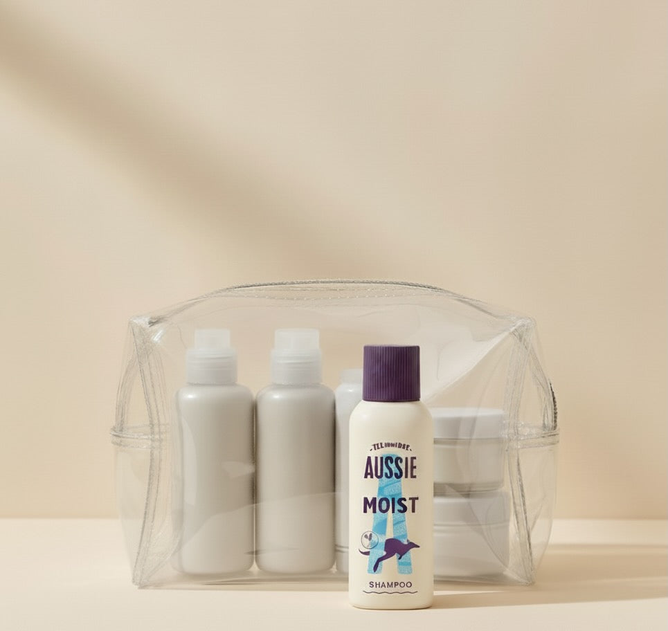 Mini Aussie shampoo in front of a toiletry bag.
