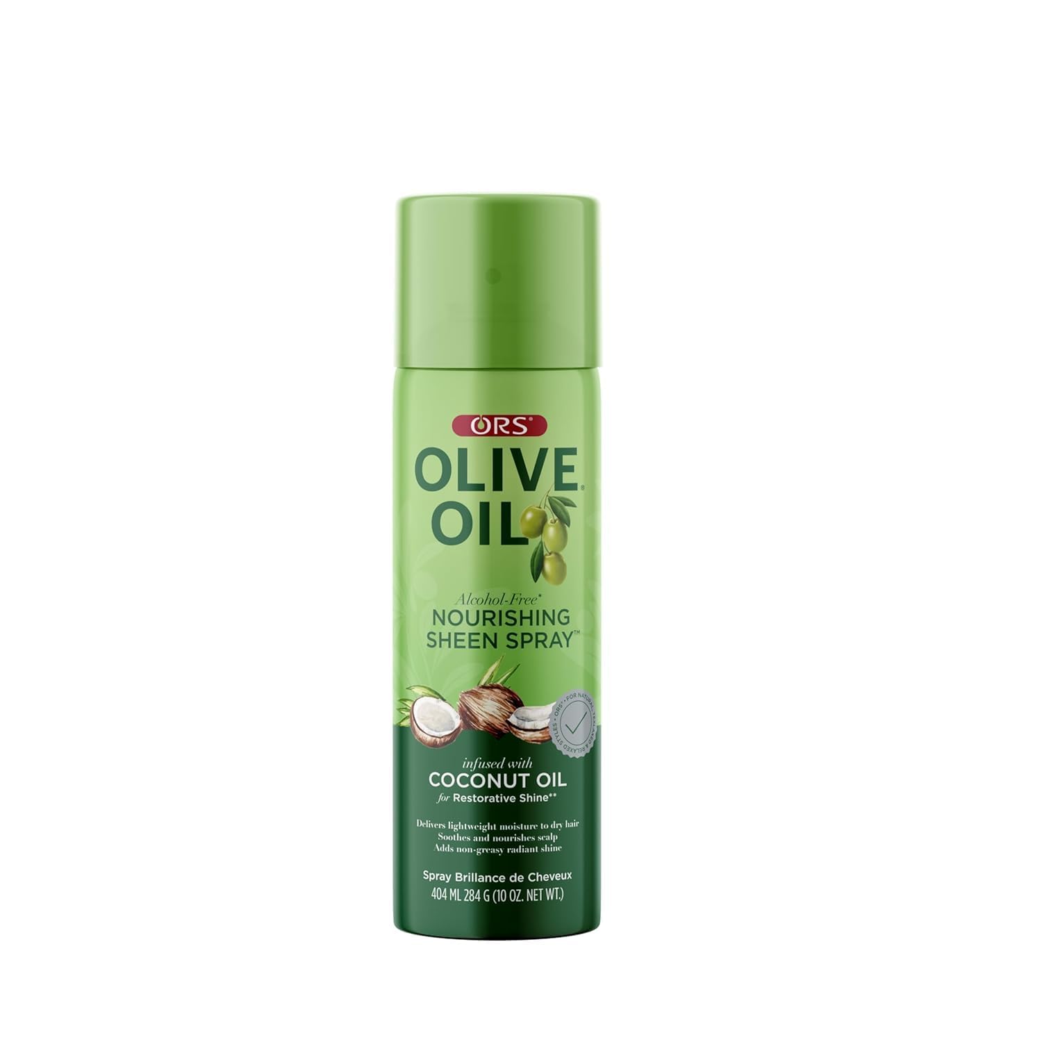 Green ORS Olive Oil Nourishing Sheen Spray bottle on a white background