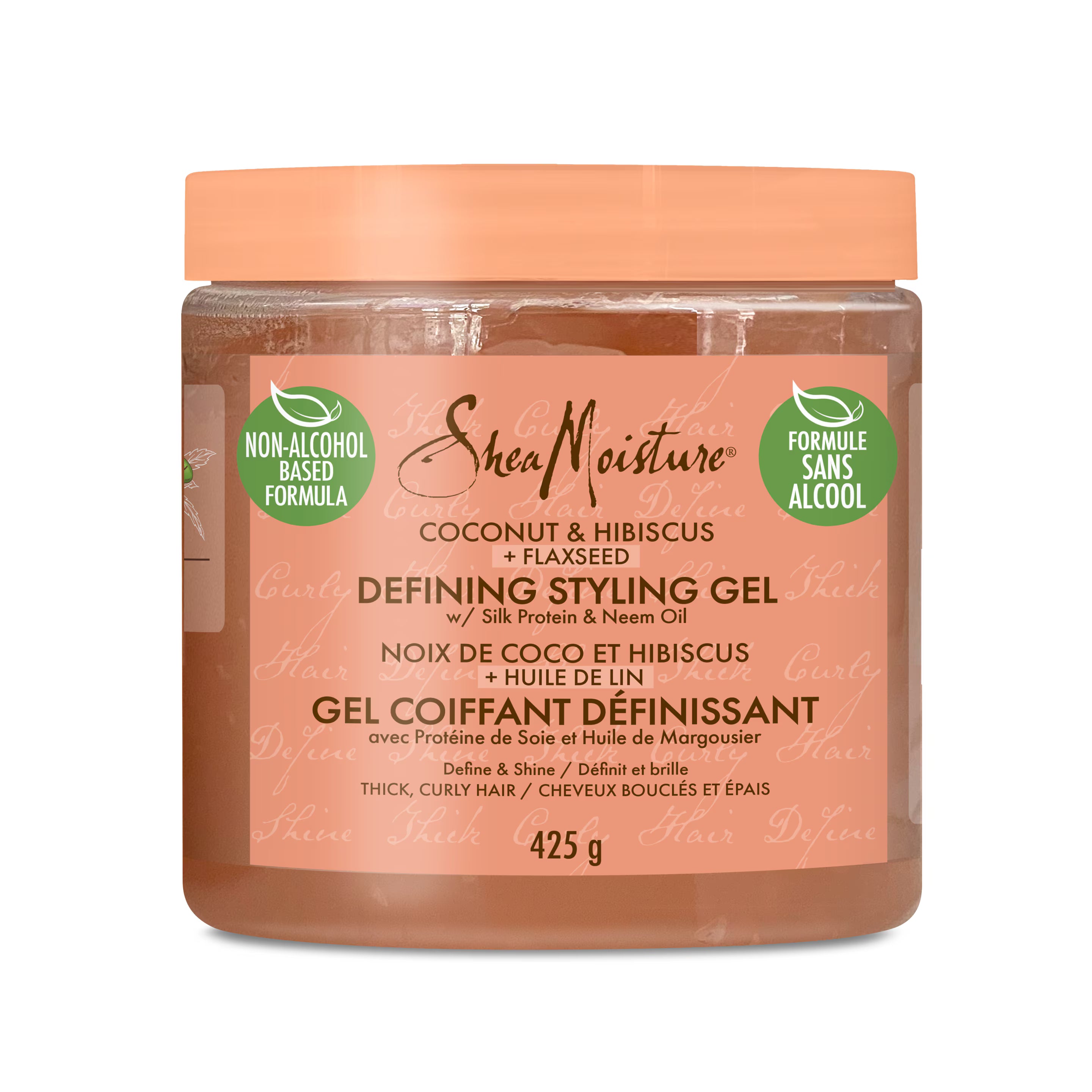 Shea Moisture coconut and hibiscus styling gel jar on a white background