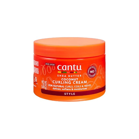 A jar of Cantu Shea Butter Coconut Curling Cream in the 'Style' scent, featuring a bright orange container and lid against a plain white background.