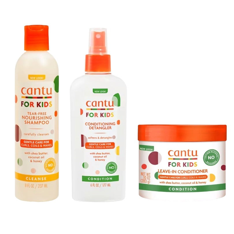 Cantu for Kids hair care products including shampoo, detangler, and leave-in conditioner on a white background.