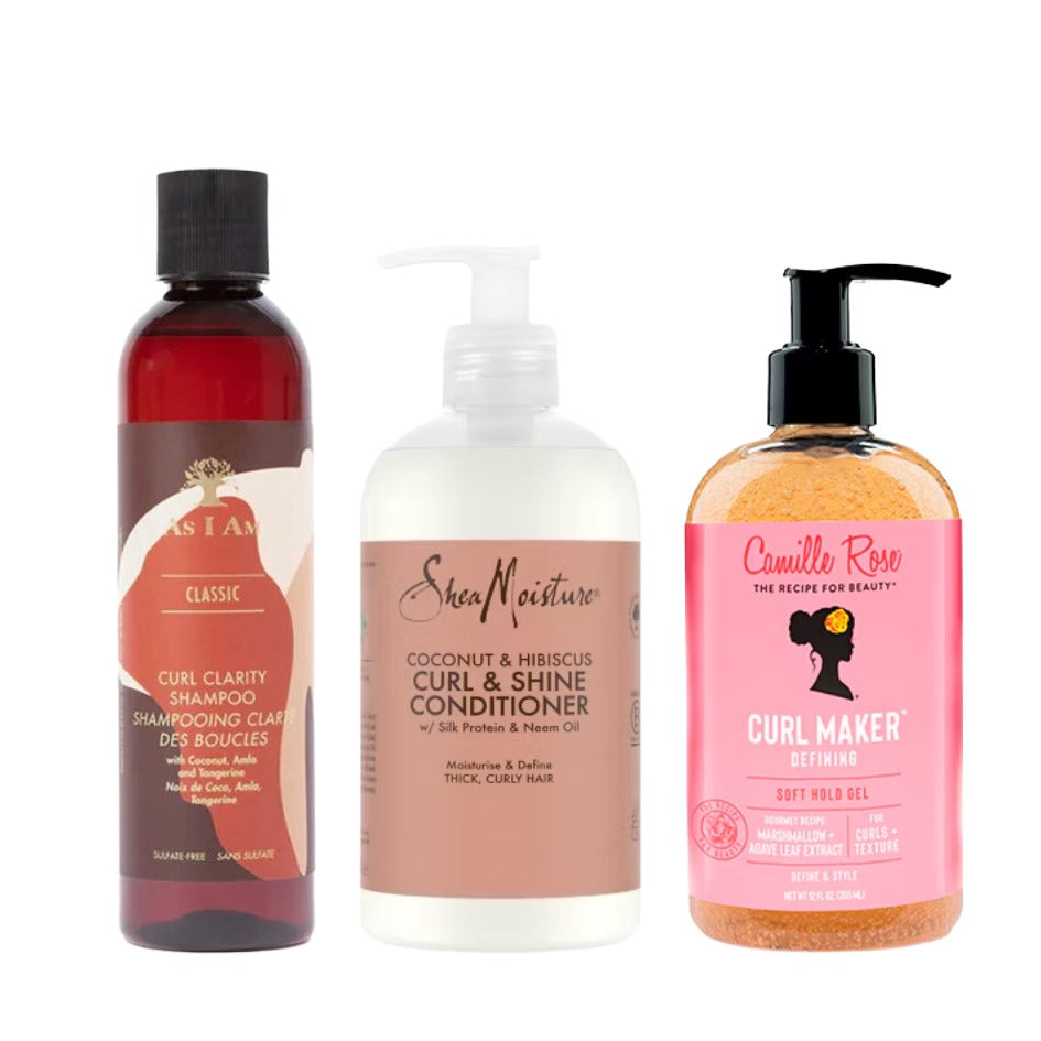 Three hair care products for low porosity curls from different brands on a white background