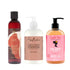 Three hair care products for low porosity curls from different brands on a white background