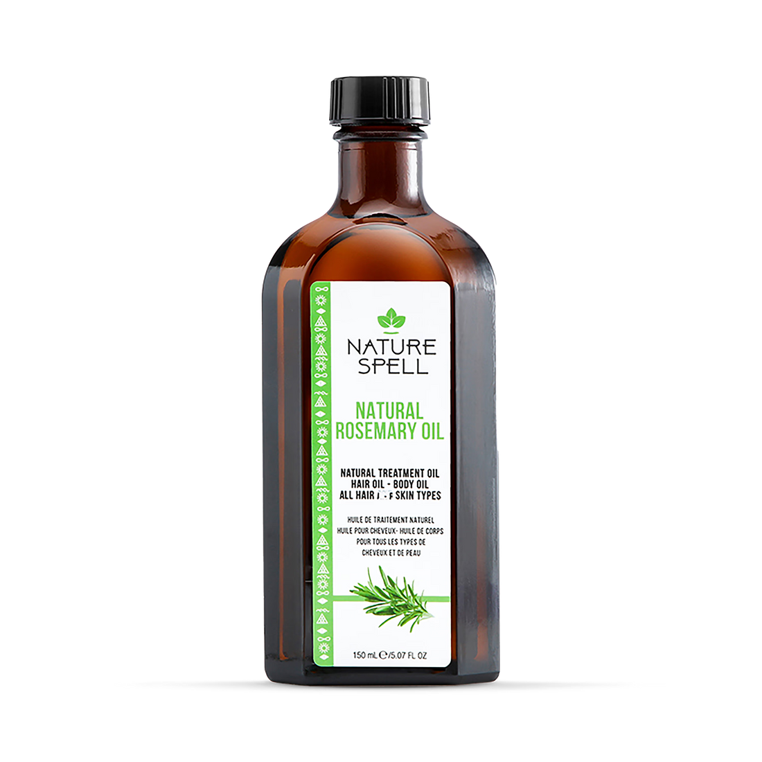 Bottle of Nature Spell Natural Rosemary Oil on a white background
