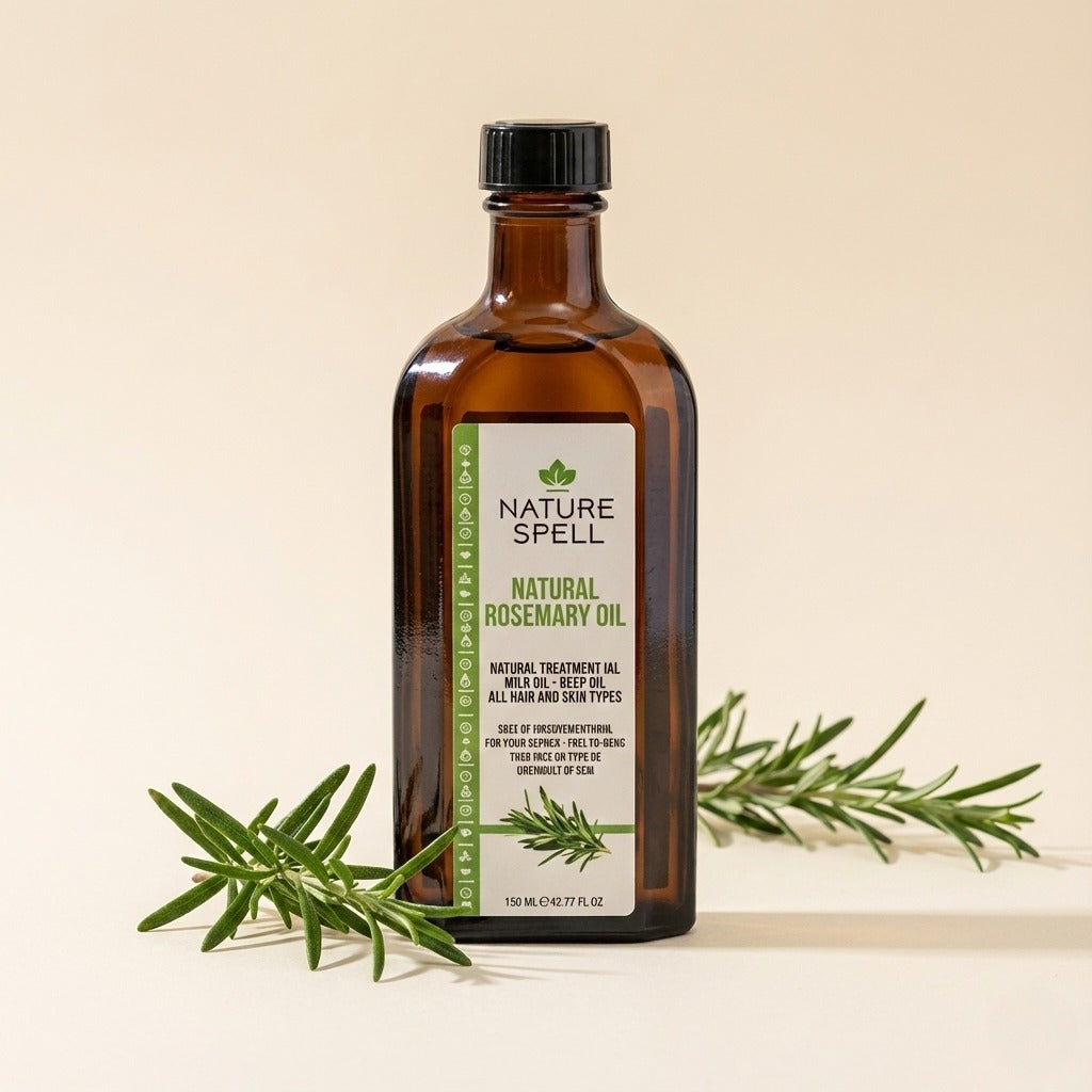 Brown glass bottle of Nature Spell Natural Rosemary Oil with a green label on a beige background.