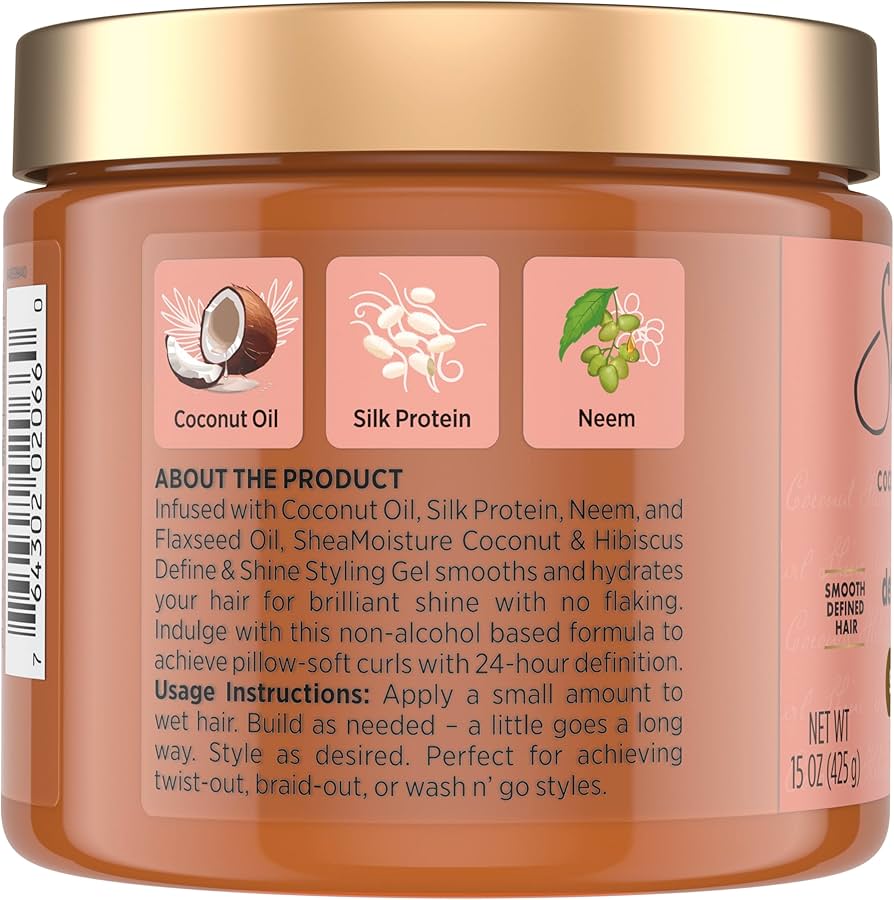 Jar of Sheamoisture hair gel with label detailing ingredients and usage instructions.