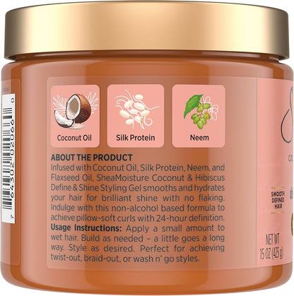 Jar of Sheamoisture hair gel with label detailing ingredients and usage instructions.