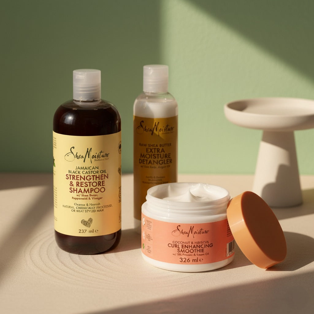 SheaMoisture hair care products on a surface with a green background