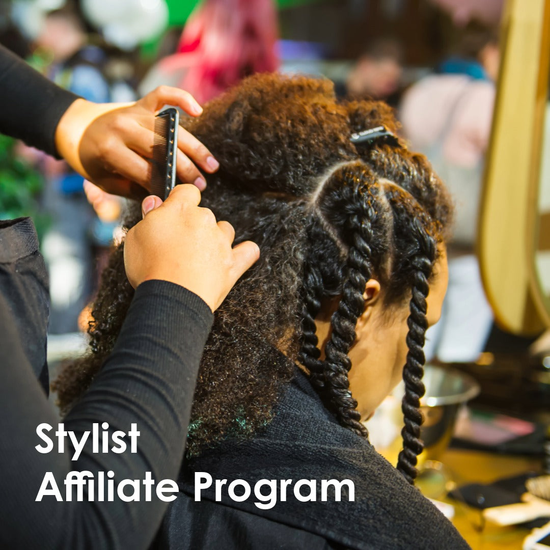 Person getting hair styled with braids, with text 'Stylist Affiliate Program'